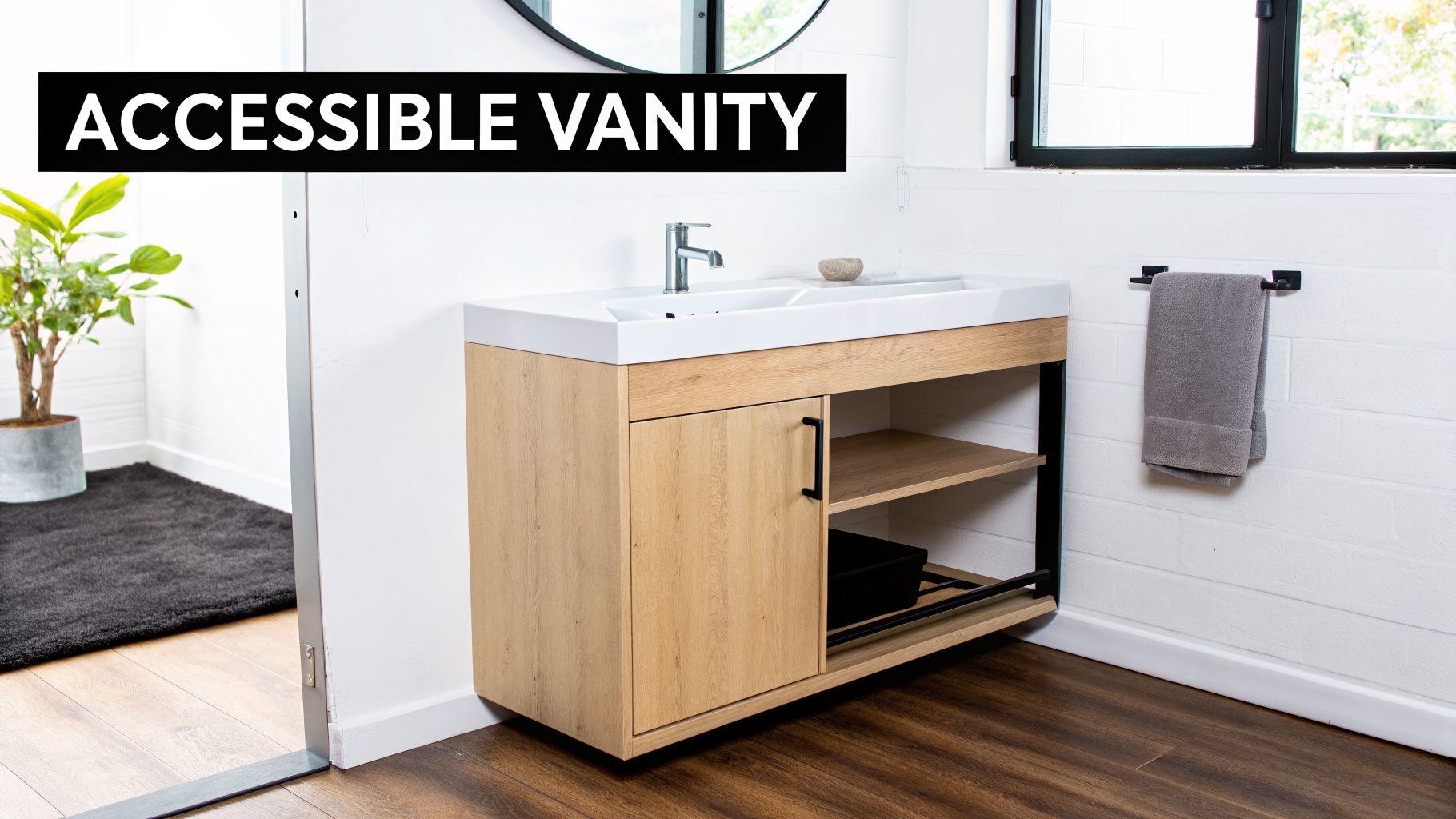 A modern light wood accessible bathroom vanity with a white sink, chrome faucet, and storage.