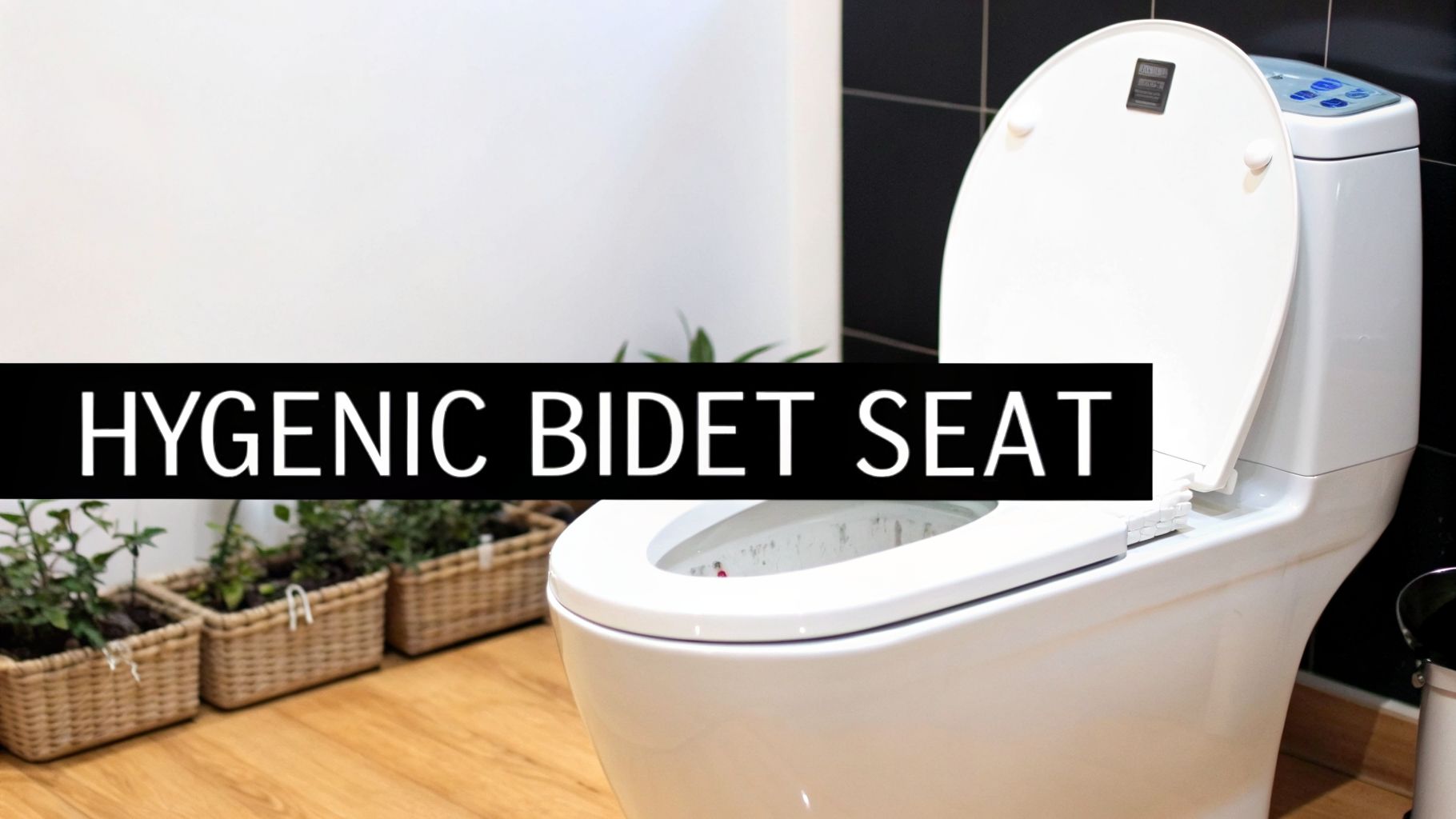 A clean, modern white toilet with an open hygienic bidet seat in a contemporary bathroom.