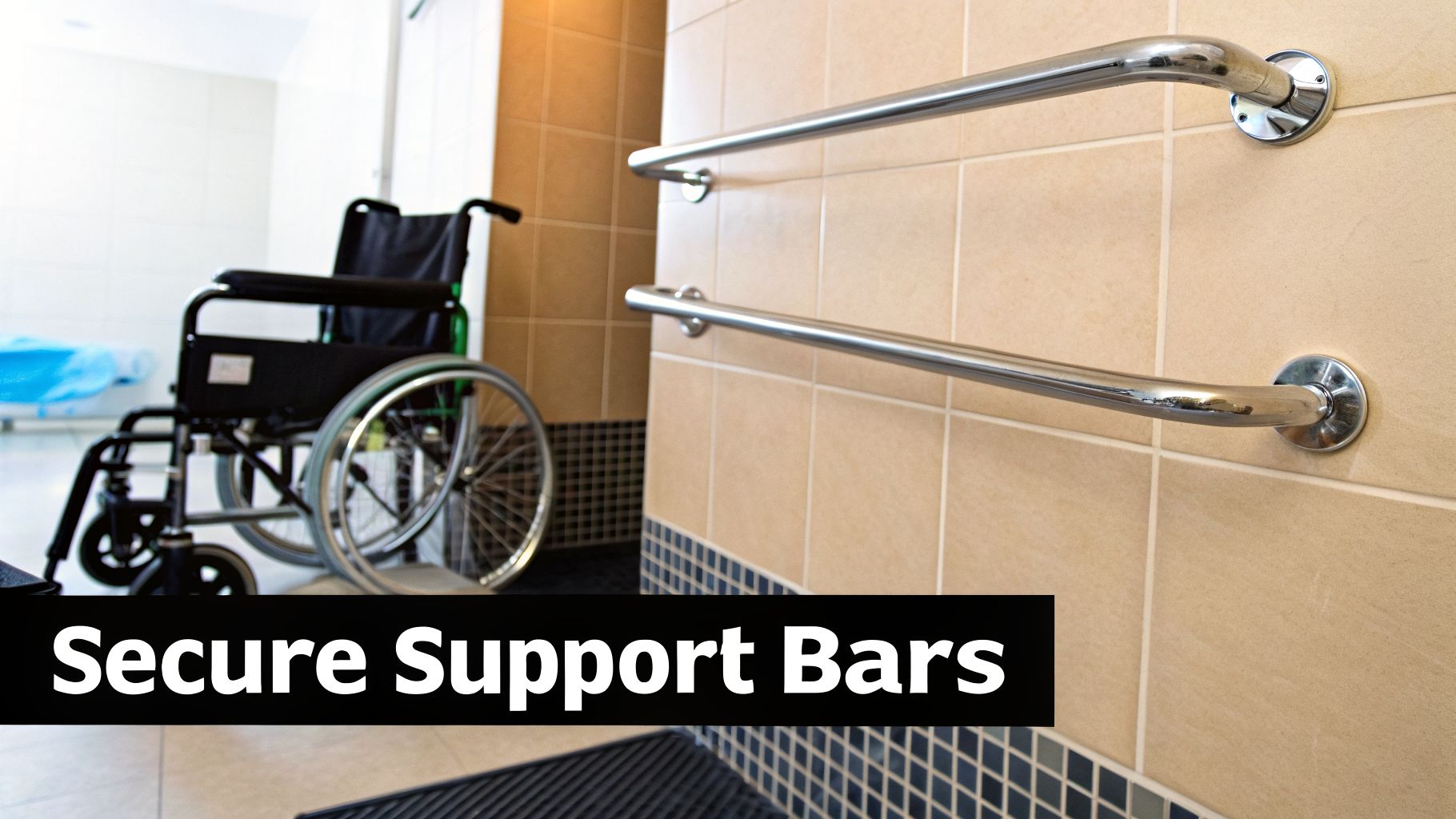 An accessible bathroom features a black wheelchair and two secure grab bars on a beige tiled wall.