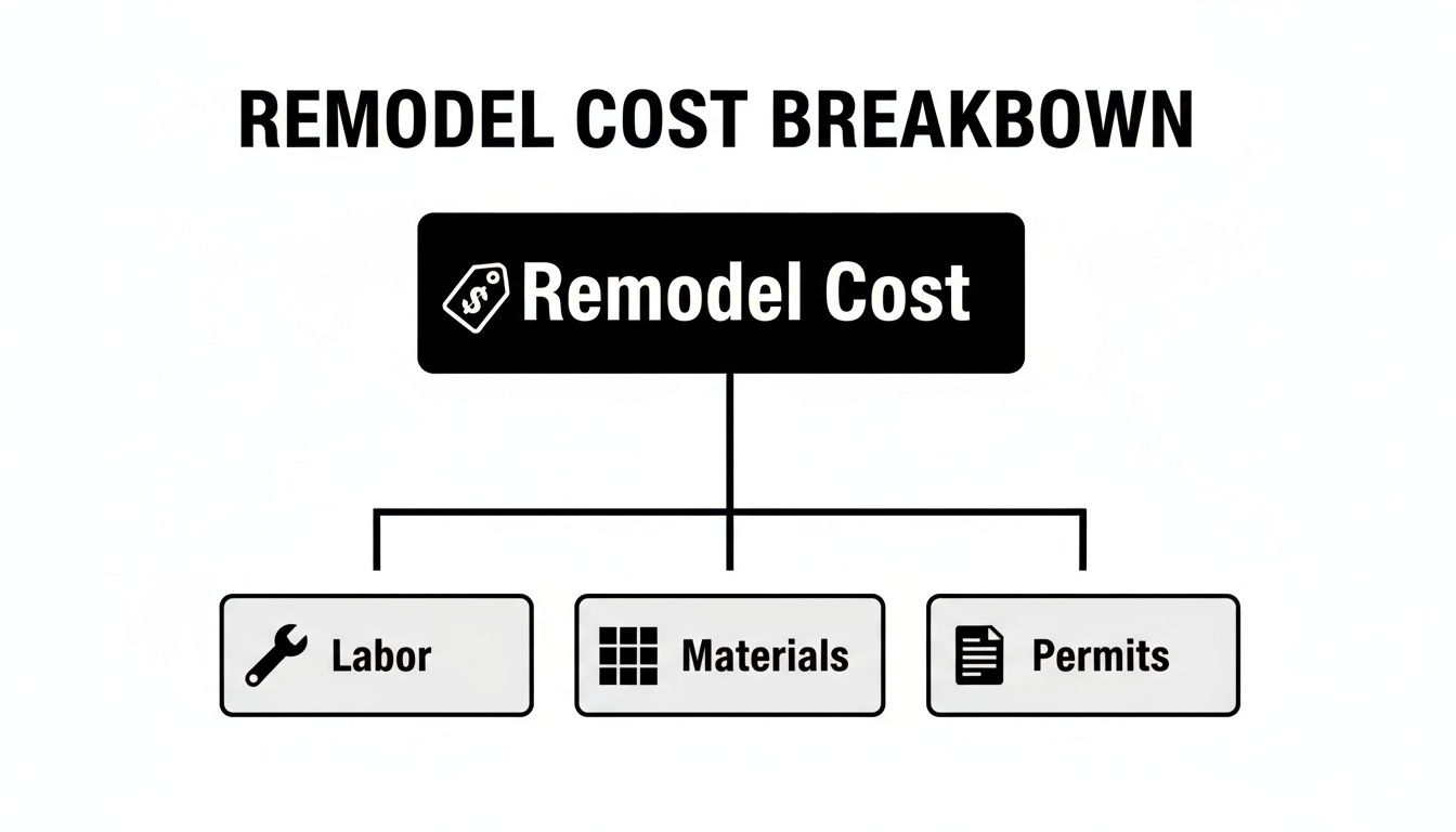 A remodel cost breakdown flowchart showing Remodel Cost splitting into Labor, Materials, and Permits.