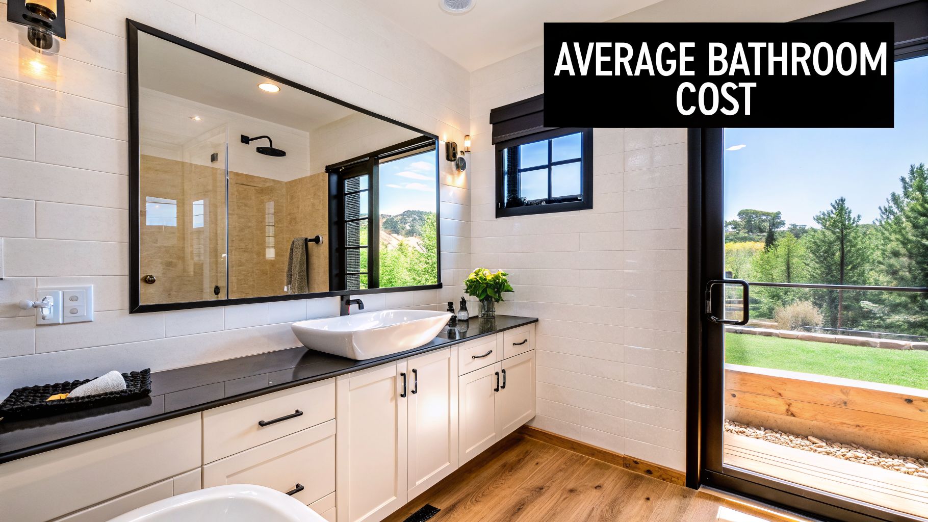 A modern bathroom featuring a white vanity, vessel sink, large mirror, and glass shower overlooking a green lawn.