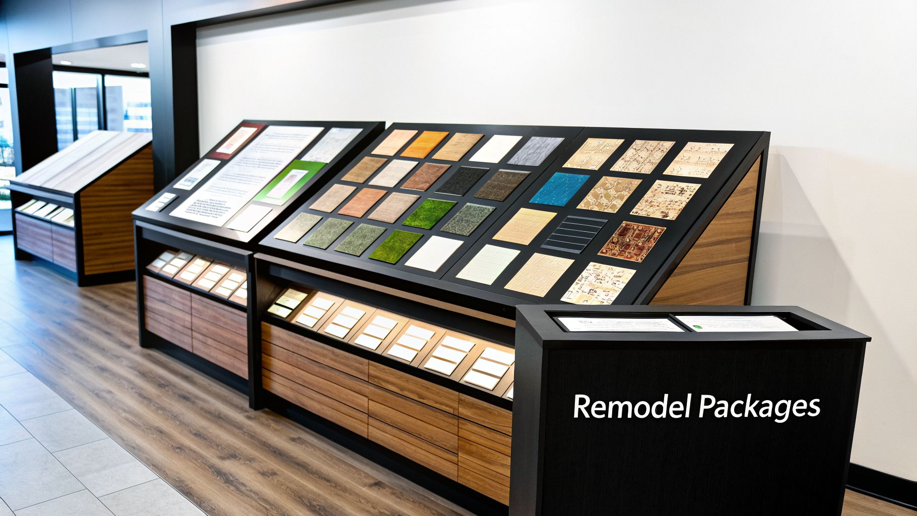 Modern showroom display showcasing various material samples like tiles, flooring, and textures for home remodels.