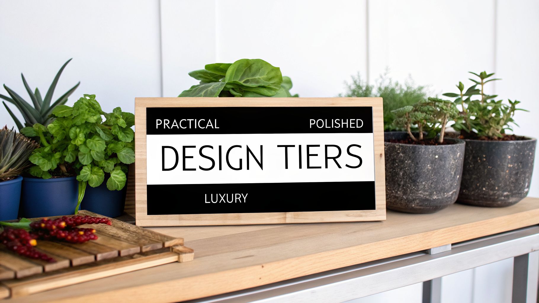 A wooden framed sign displaying "DESIGN TIERS" with "PRACTICAL", "POLISHED", and "LUXURY" among potted plants on a wooden shelf.