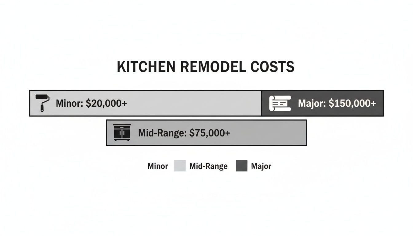 An infographic displaying kitchen remodel costs: Minor at $20,000+, Mid-Range at $75,000+, and Major at $150,000+.