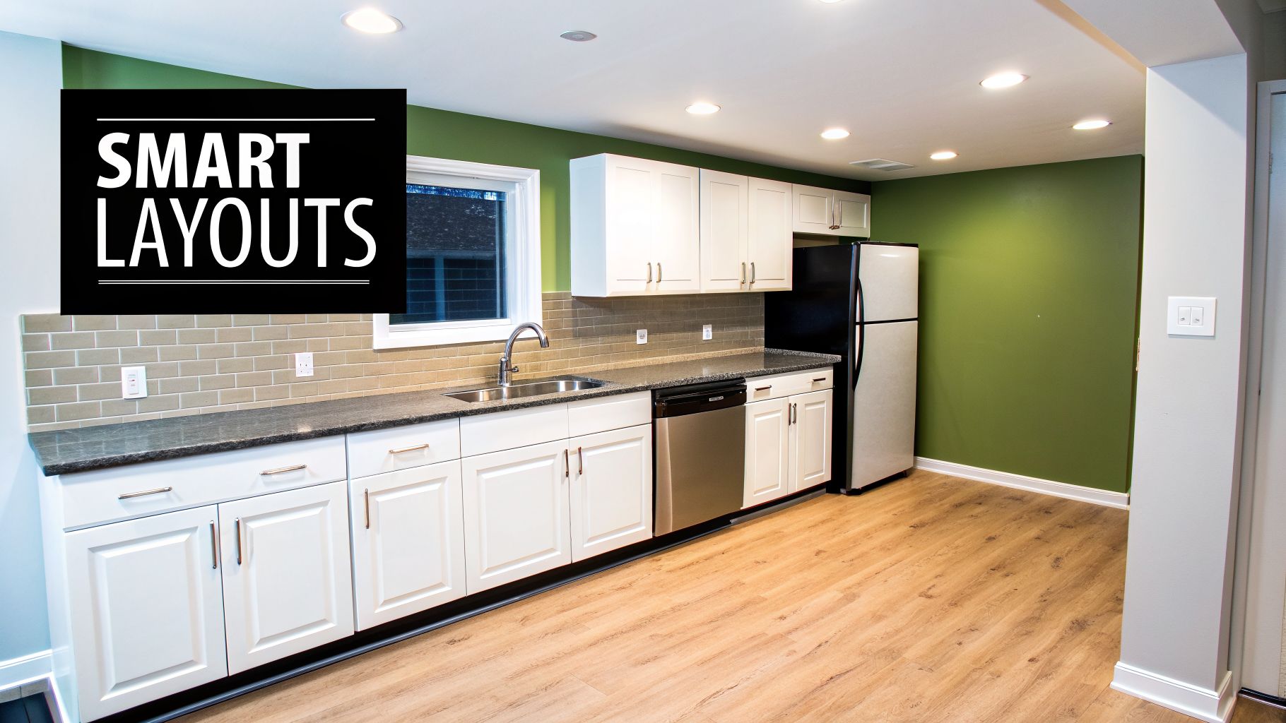 A modern basement kitchen featuring white cabinets, dark countertops, stainless steel appliances, and green walls.