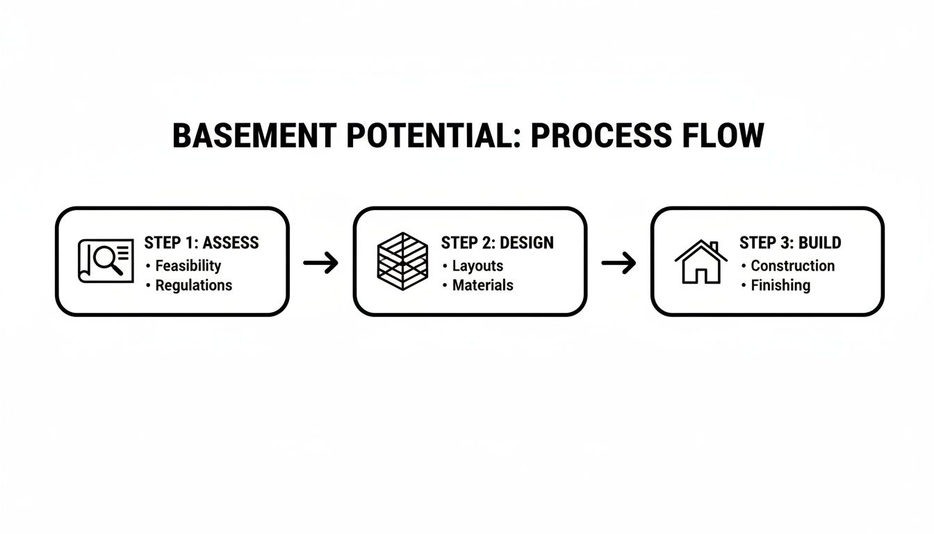 A clear process flow diagram outlining three steps for developing basement potential: assess, design, and build.