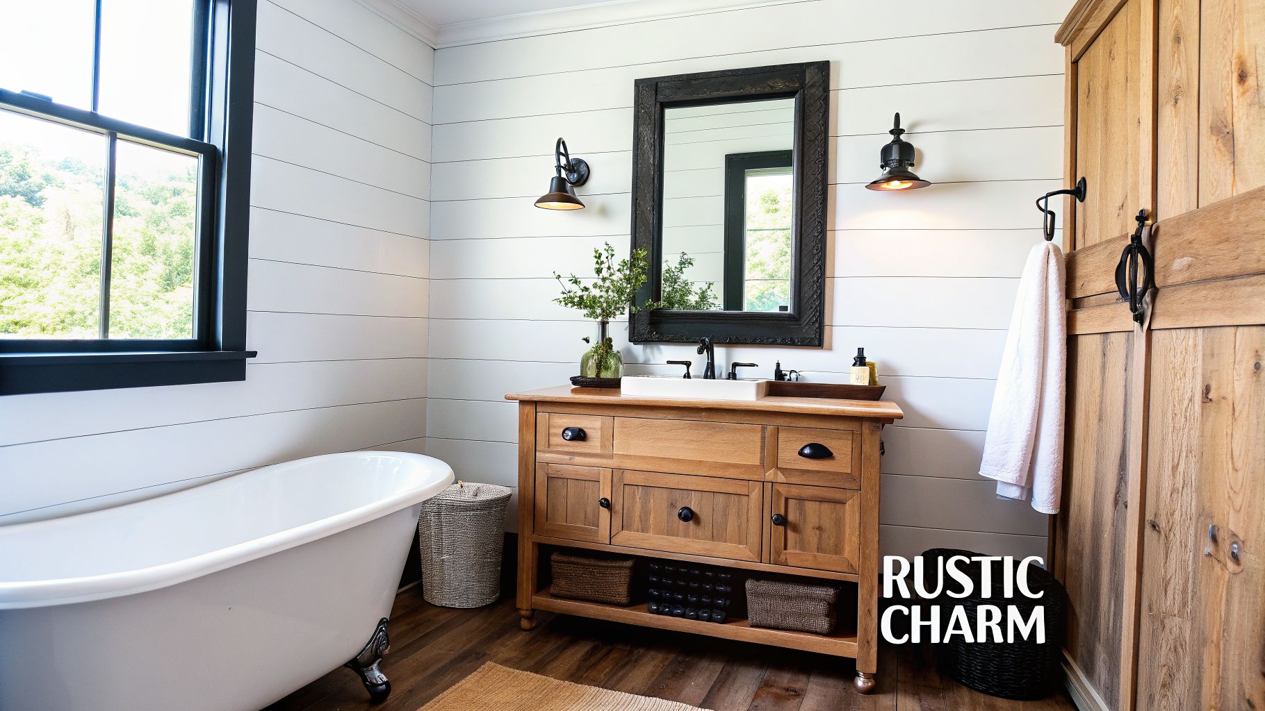 A rustic bathroom featuring a wooden vanity, black mirror, white clawfoot tub, and shiplap walls.
