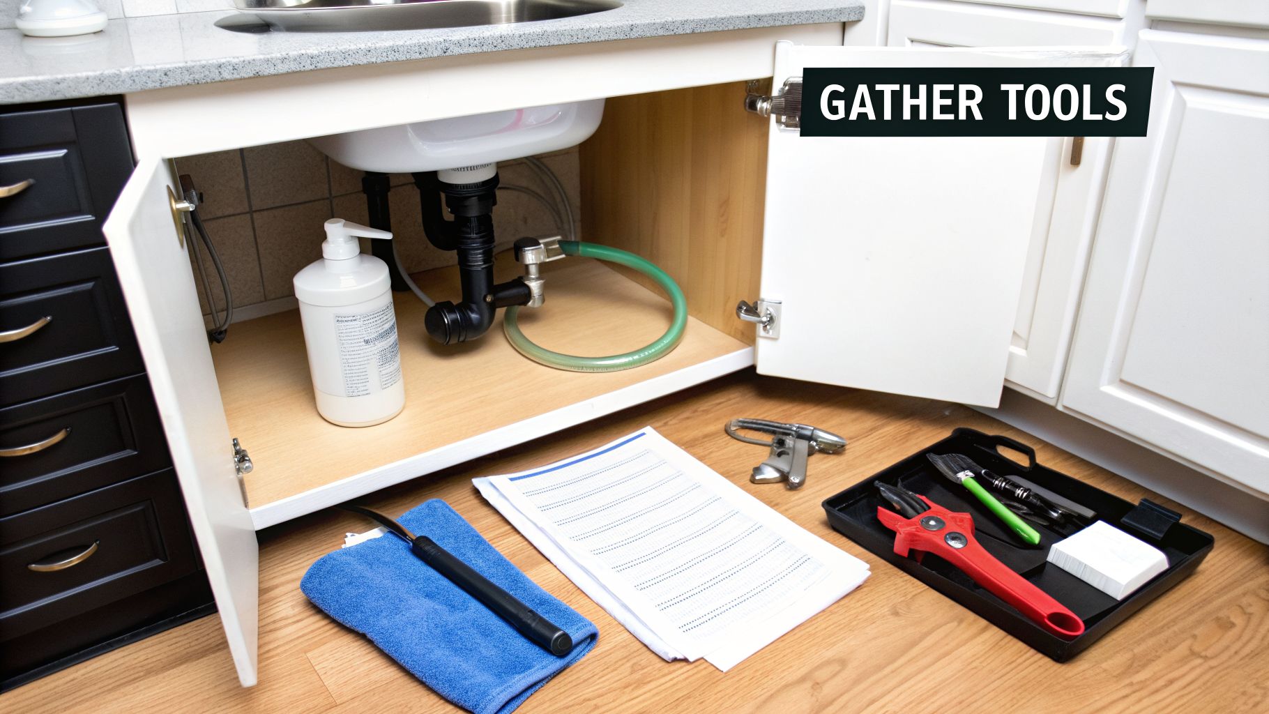 Tools and supplies are laid out on the floor in front of an open under-sink cabinet, ready for a plumbing project.