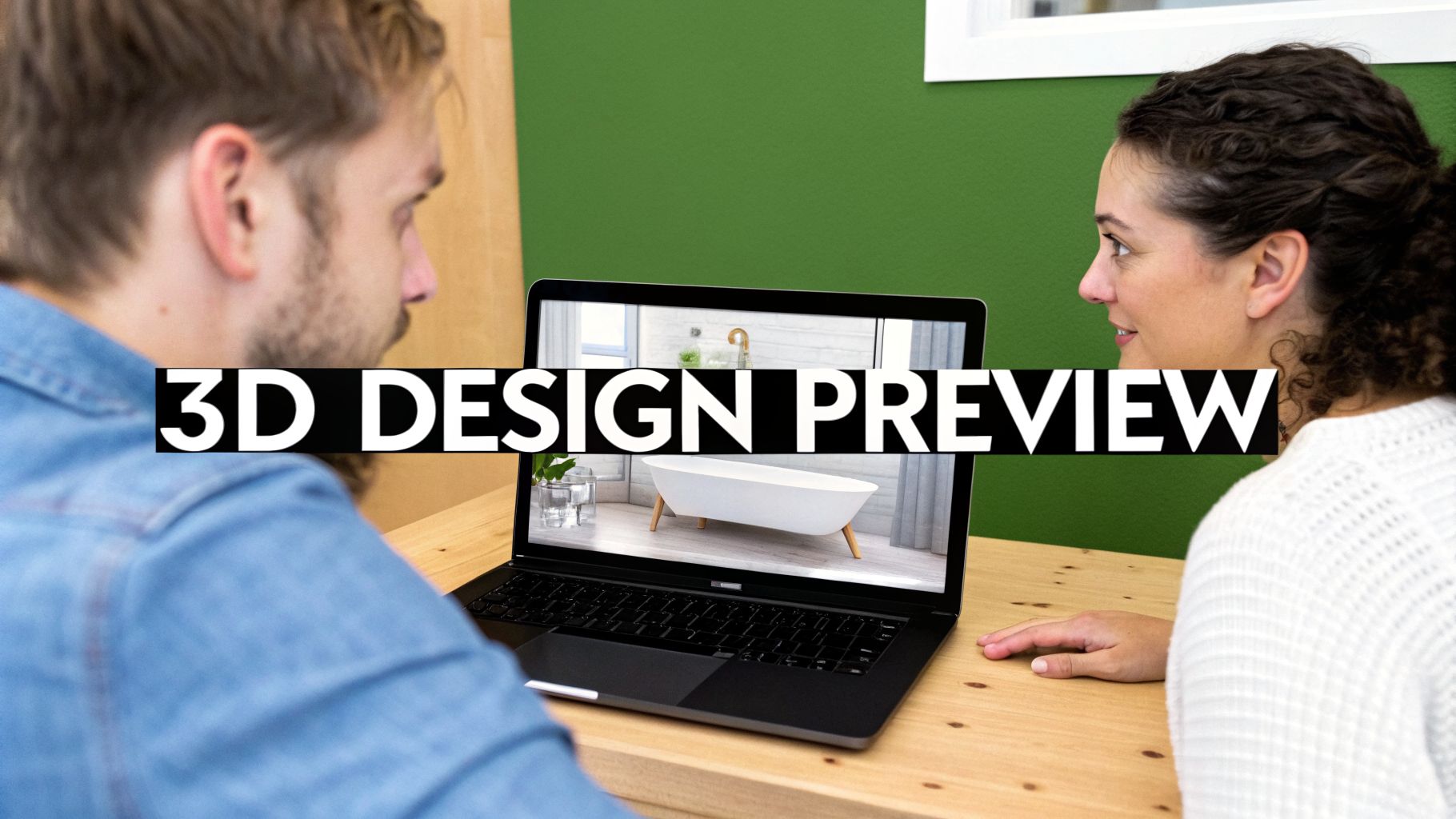 Two people reviewing a 3D design preview of a modern bathroom on a laptop, discussing renovation.