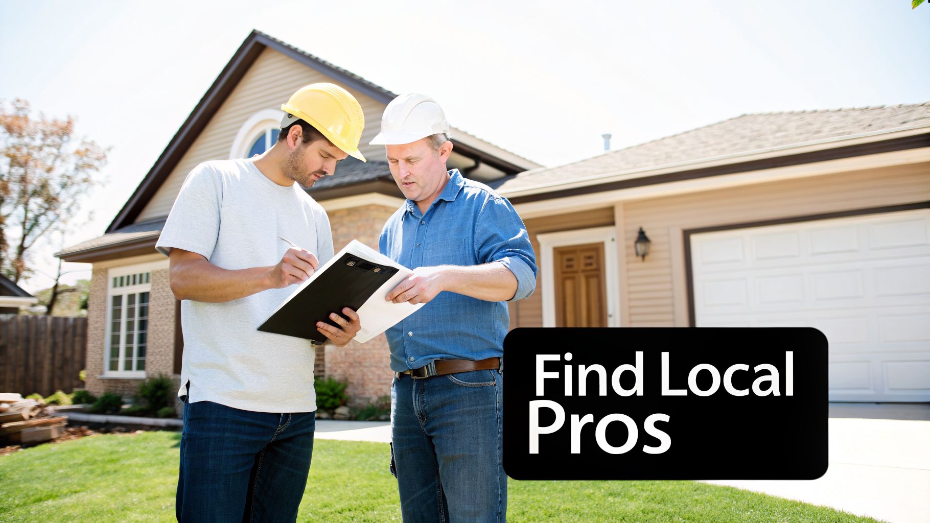 Two home improvement professionals in hard hats review plans outside a modern house.