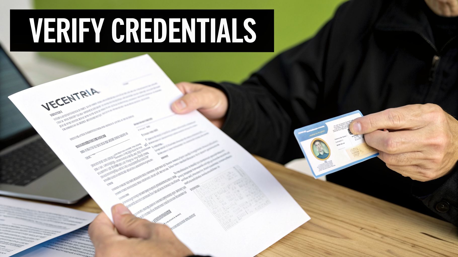 Two people verifying documents and an ID card, with a 'Verify Credentials' banner.
