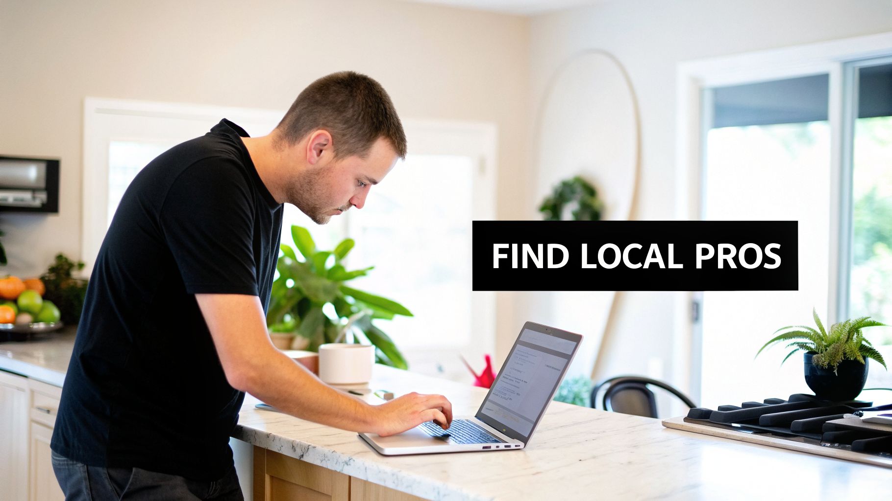 A man using a laptop on a modern kitchen counter, with text 'FIND LOCAL PROS'.