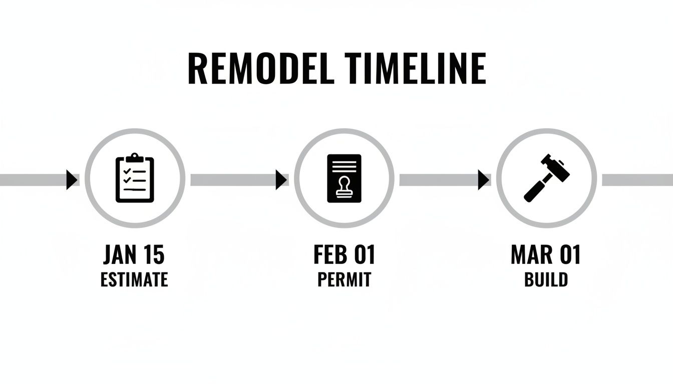 Infographic outlining a remodeling project timeline with key dates for estimate, permit, and build phases.