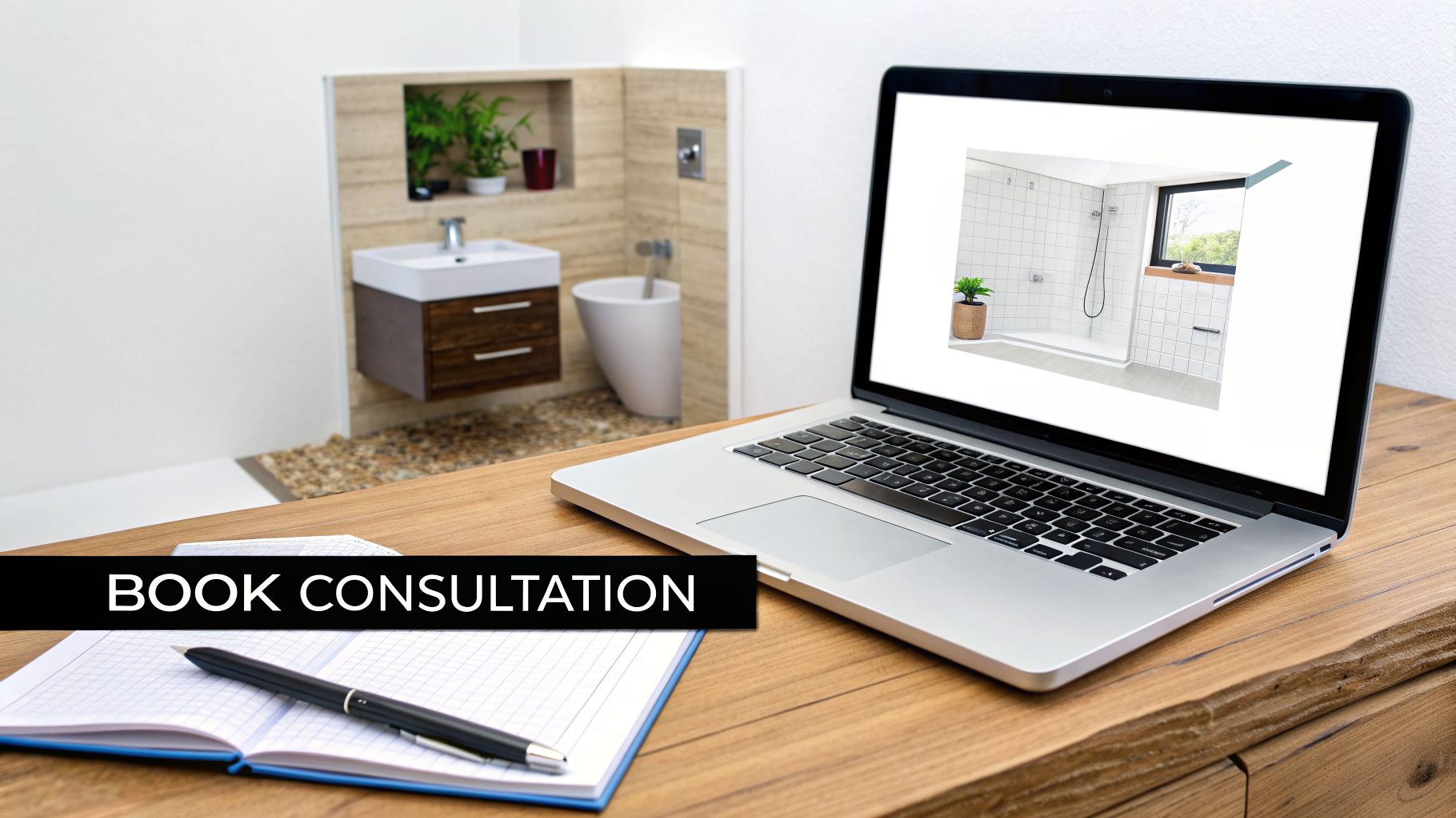 Laptop on a wooden desk shows a shower room design, with a notebook and 'Book Consultation' banner.