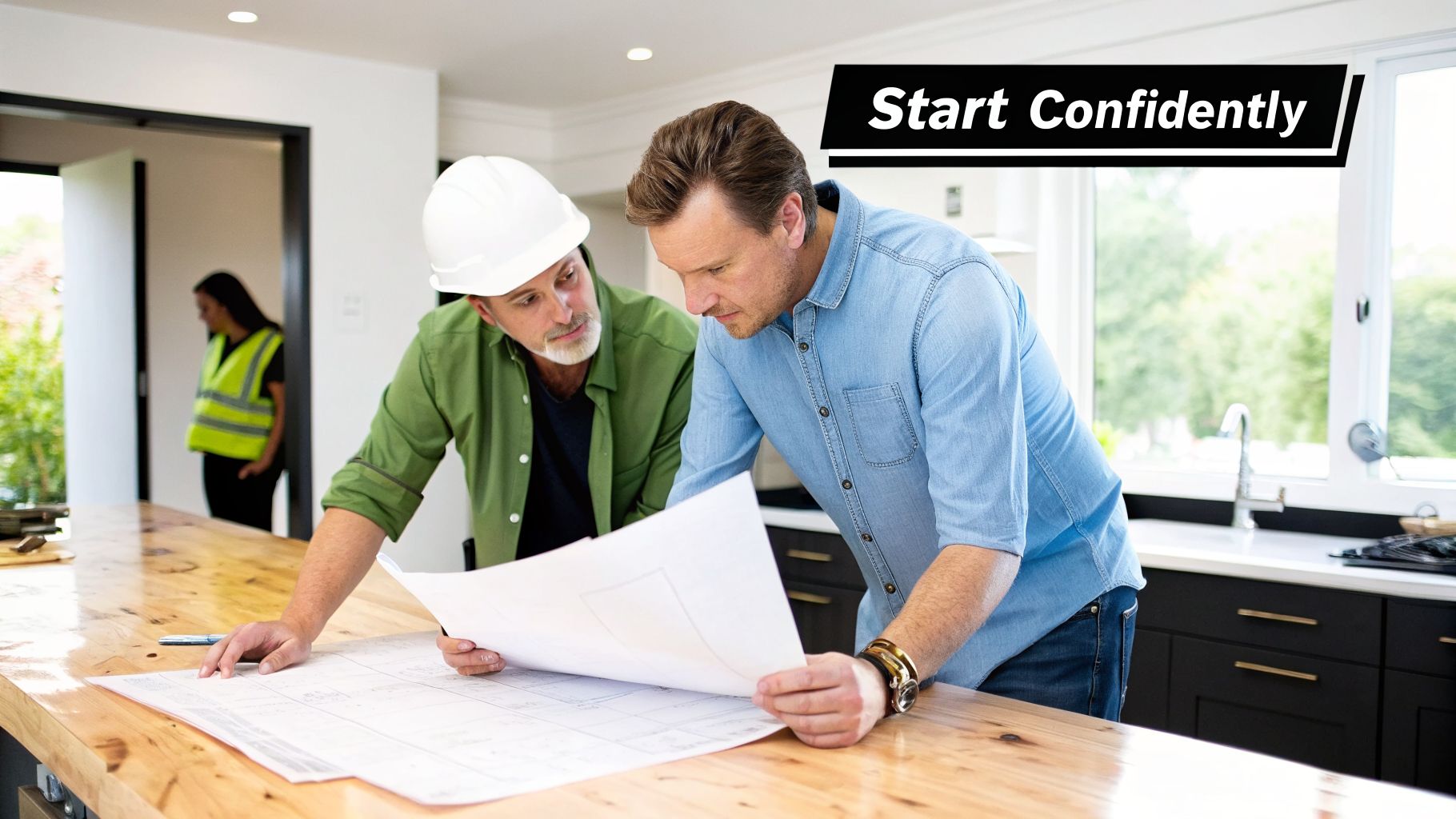 Two men, a contractor and a homeowner, reviewing blueprints on a wooden counter in a modern home.