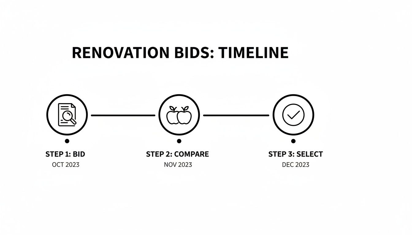 Renovation bids timeline outlining three steps: Bid, Compare, and Select, scheduled for Oct, Nov, Dec 2023.