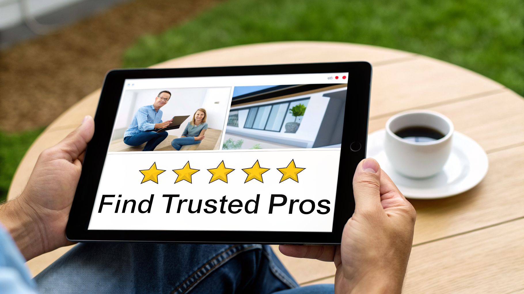 Person holding a tablet displaying 'Find Trusted Pros' with five stars and service provider images.