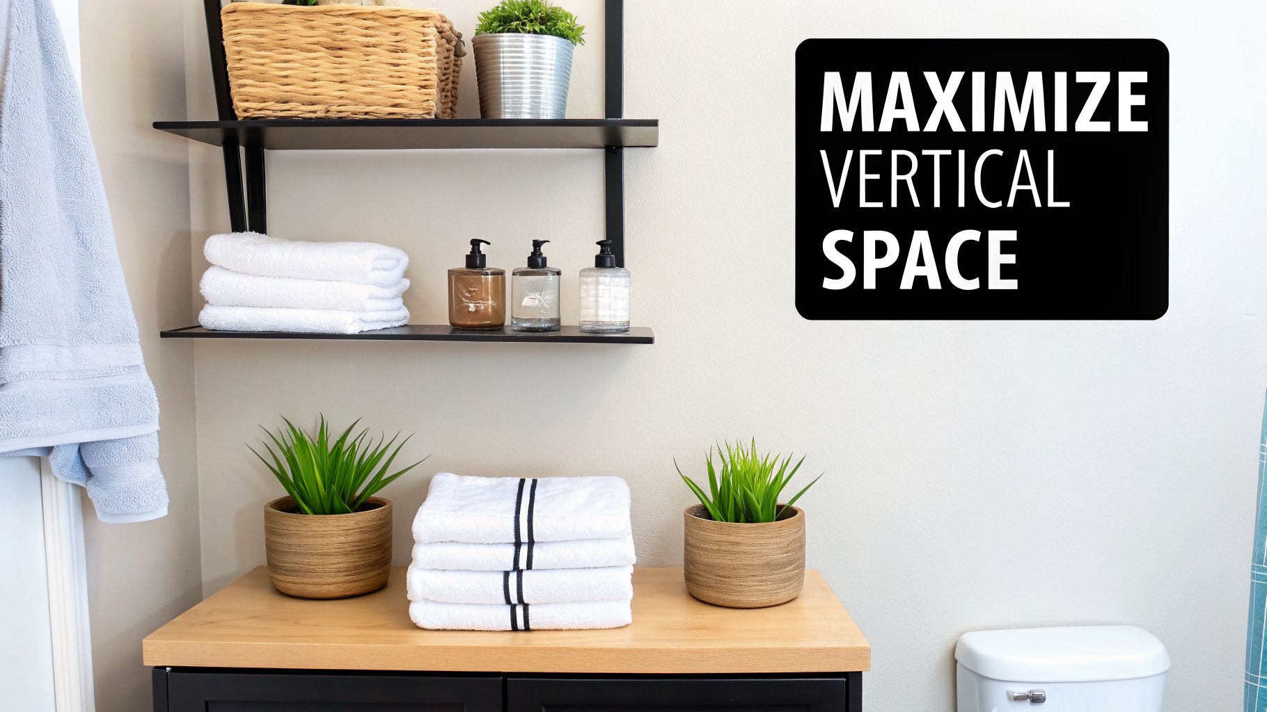 A clean bathroom featuring a black shelving unit with towels, plants, and soap dispensers for organized storage.