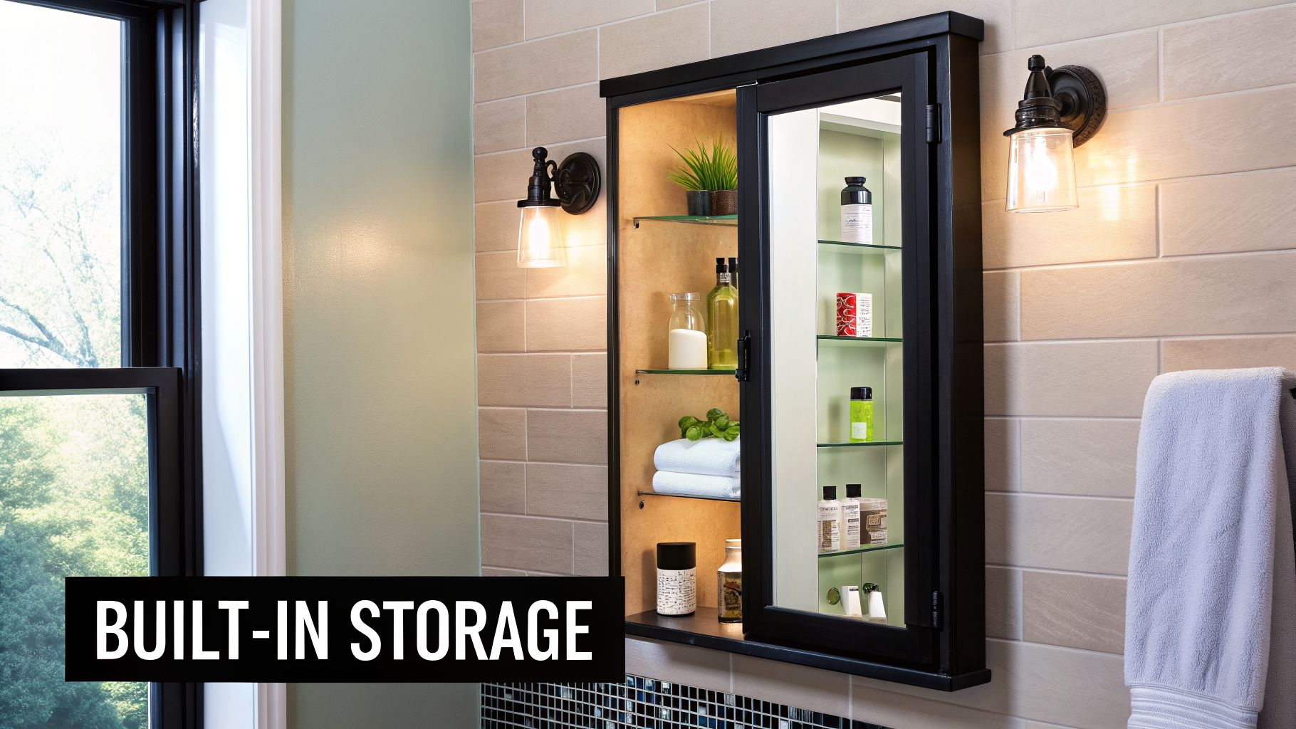 A sleek black built-in storage cabinet with glass shelves in a modern bathroom setting.