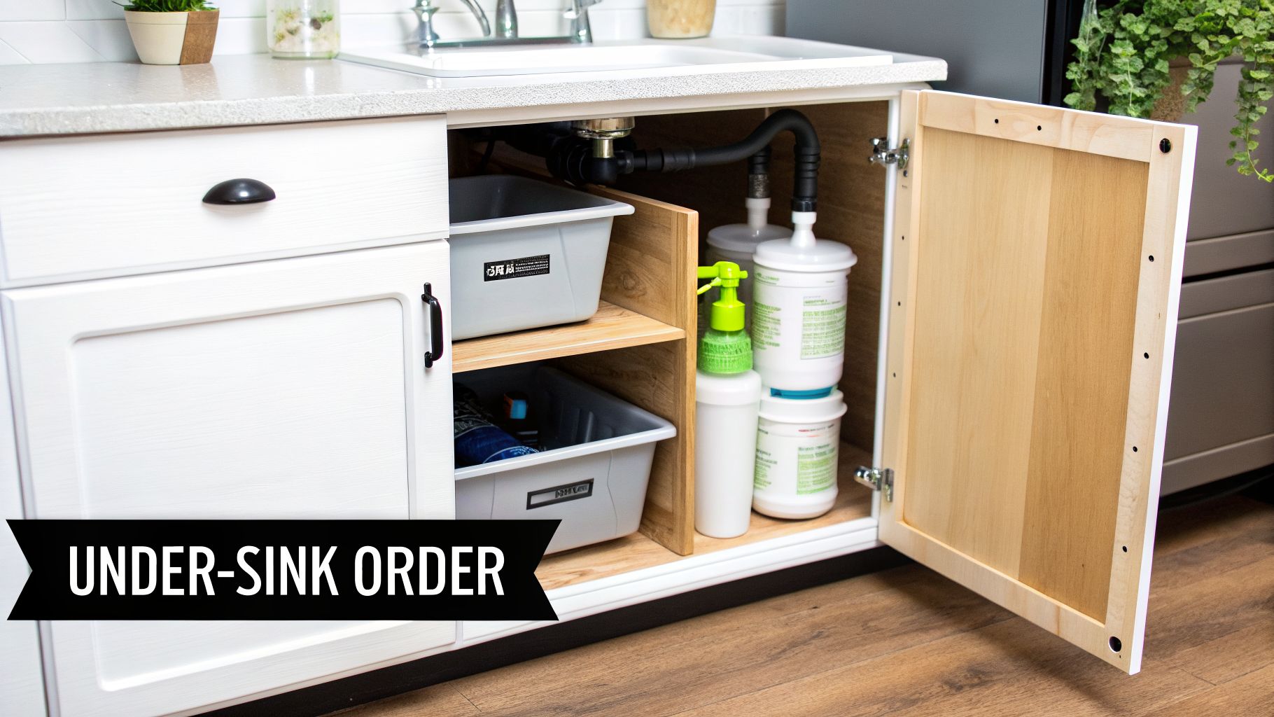 An organized under-sink cabinet in a white kitchen or bathroom, featuring grey storage bins and water filters.