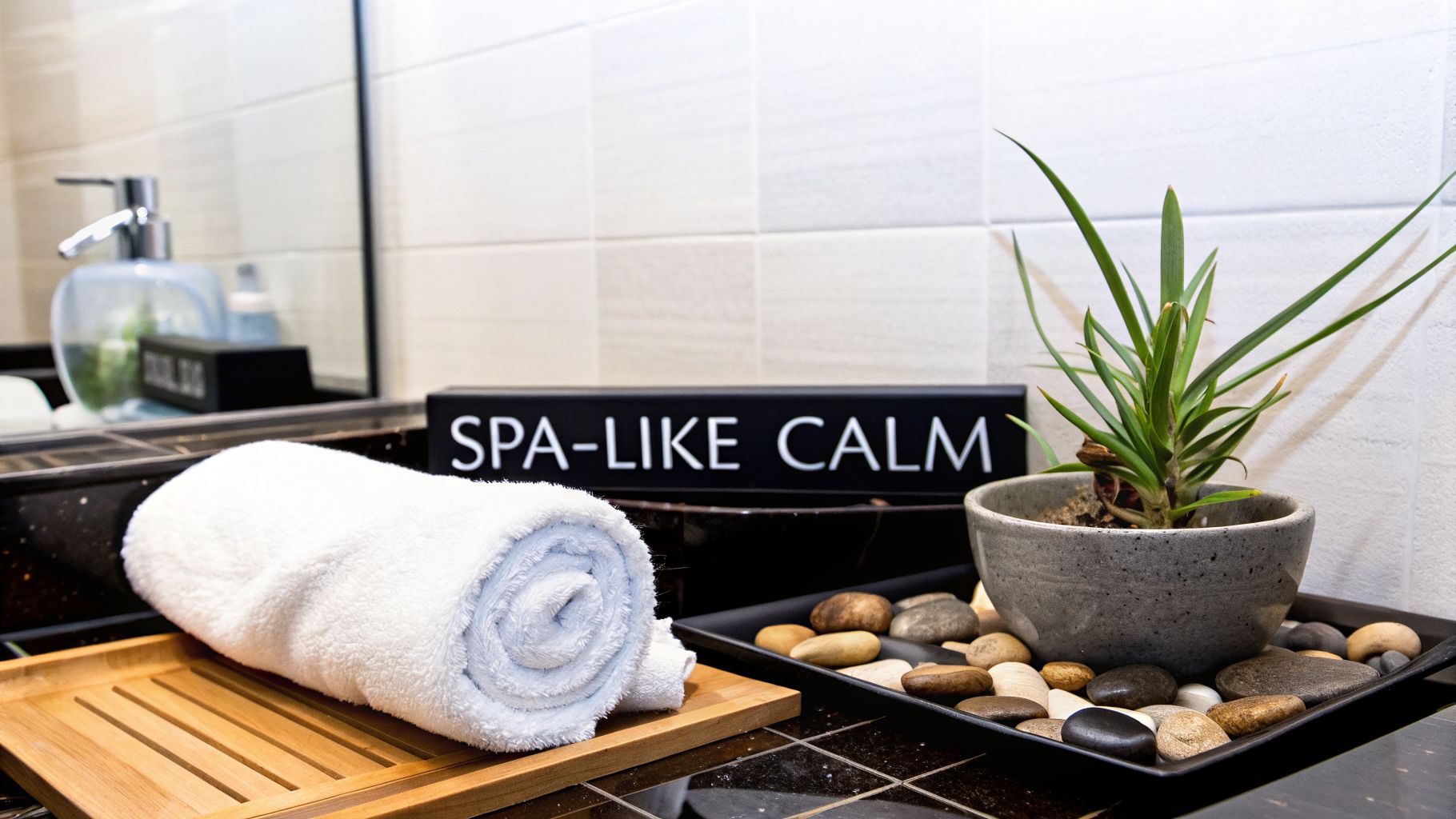 A spa-like bathroom counter with a rolled white towel, a 'SPA-LIKE CALM' sign, a plant, and decorative stones.