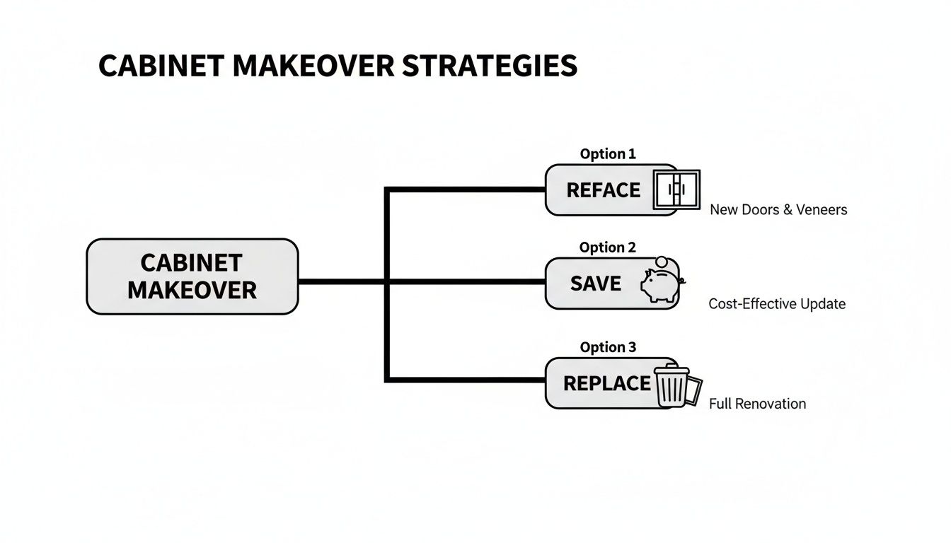 A diagram illustrating cabinet makeover strategies with three options: Reface, Save, and Replace.