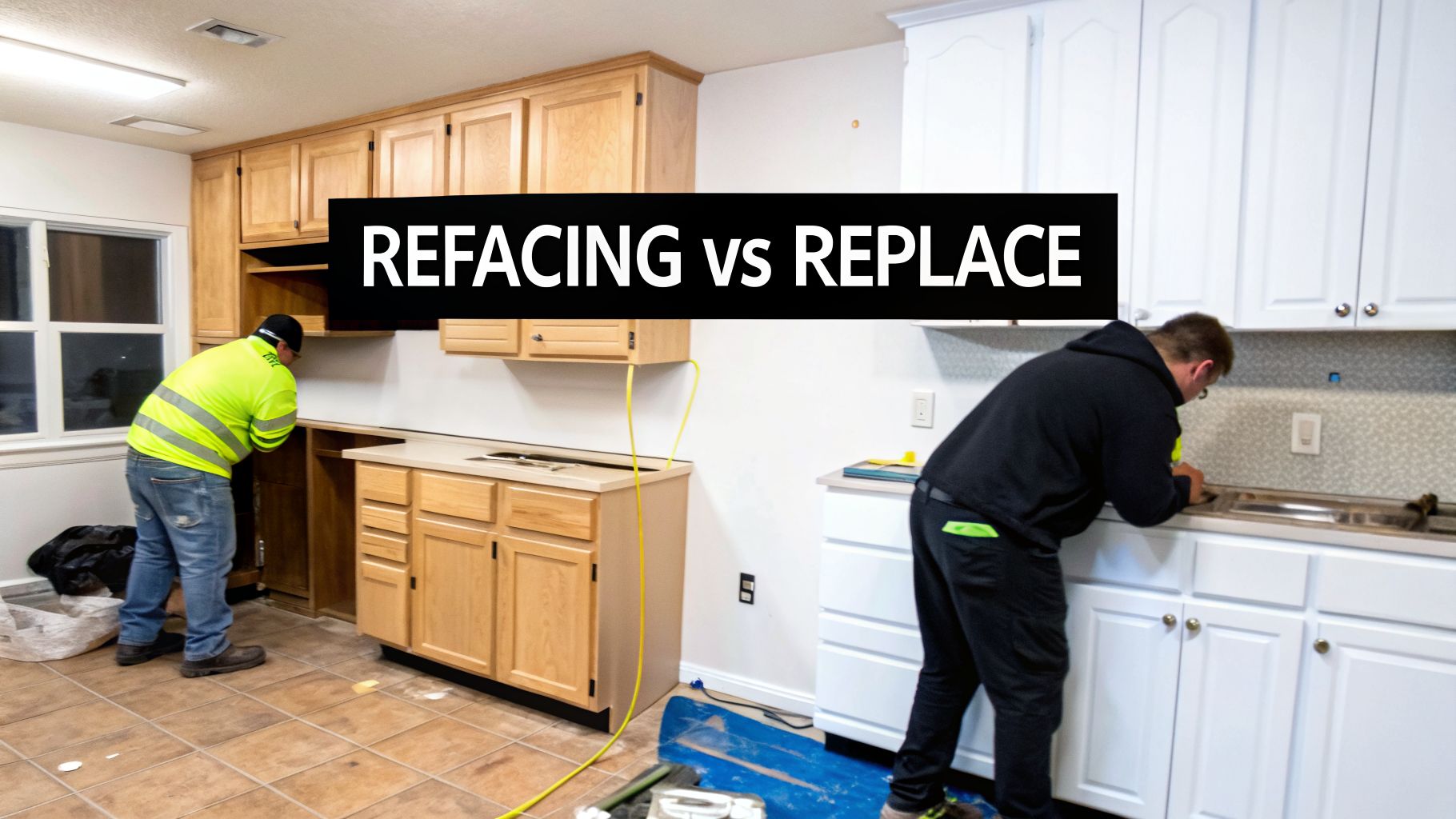 Two workers in a kitchen comparing cabinet refacing and replacement, with wooden and white cabinets.