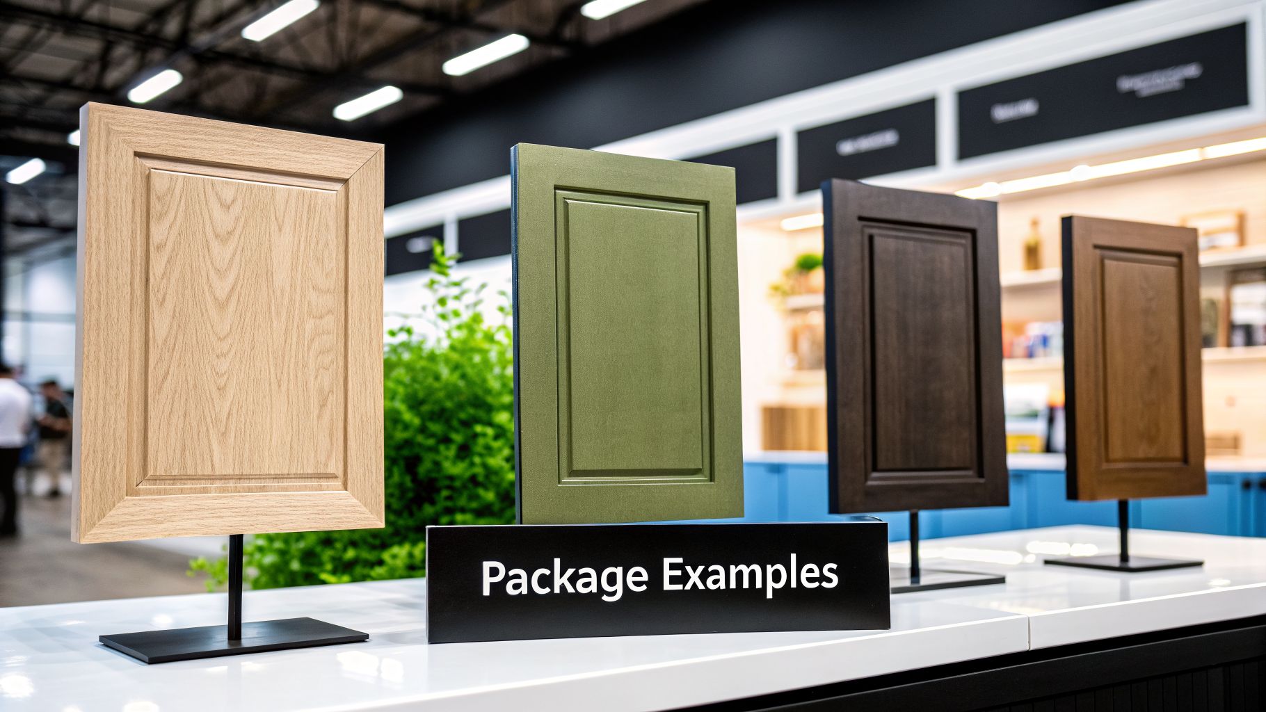 Four diverse cabinet door samples, showing different colors and wood grains, displayed on a counter with a 'Package Examples' sign.