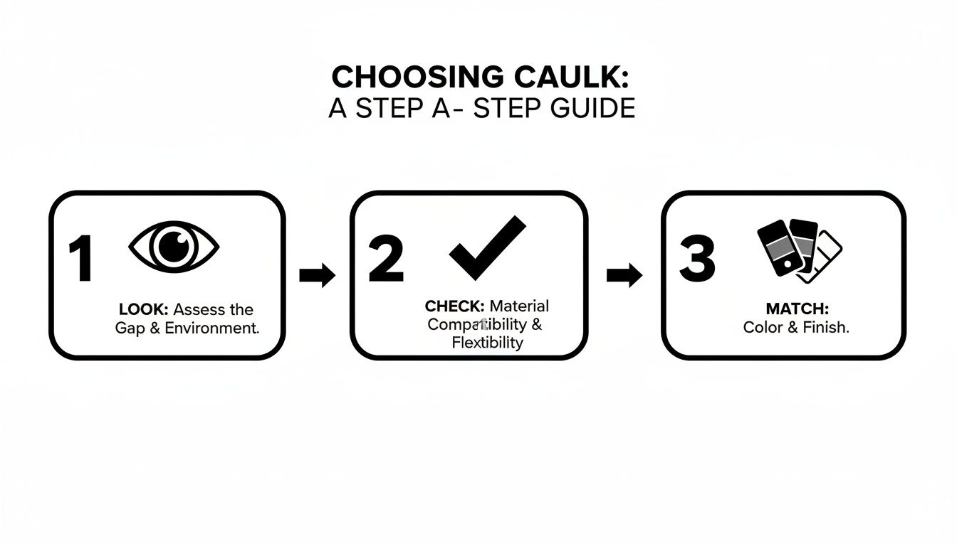 A three-step guide for choosing caulk, detailing how to look, check, and match for proper application.