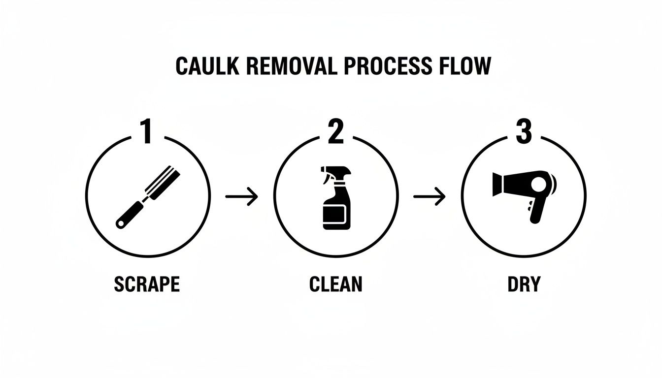 Visual guide outlining the three steps for caulk removal: scrape, clean, and dry.