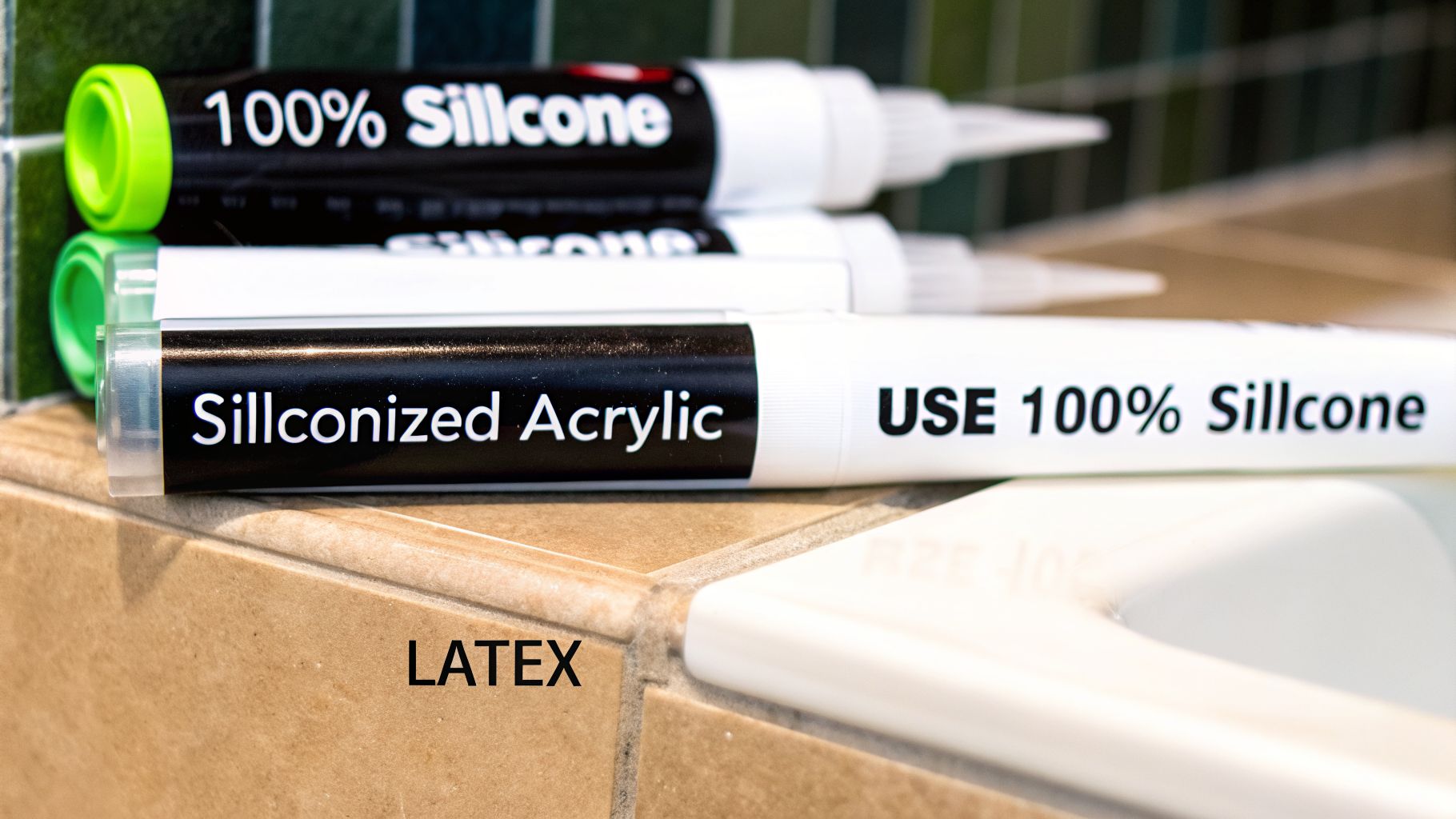 Three tubes of caulk on a tiled surface: two 100% Silicone and one Siliconized Acrylic, with 'LATEX' text.