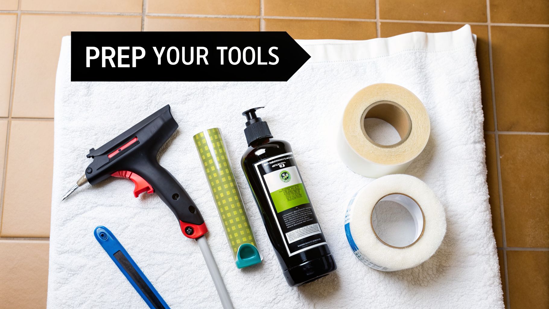 A collection of tools including a caulking gun, sealant, and tape, on a white towel.