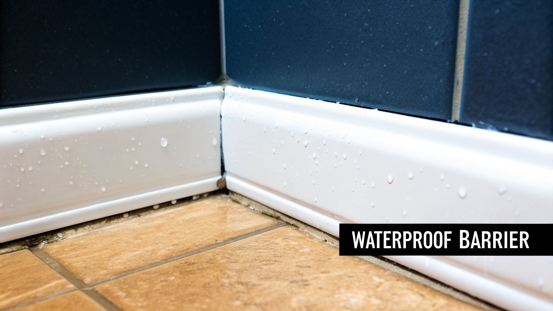 White trim with water droplets forming a waterproof barrier between blue wall tiles and brown floor tiles.