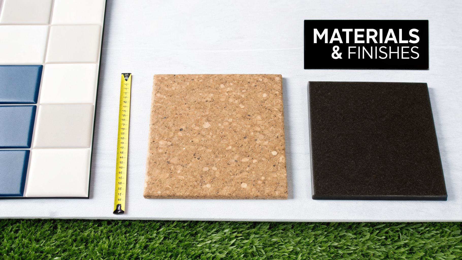 Various material samples including blue and white tiles, cork, and a dark finish, with a measuring tape.