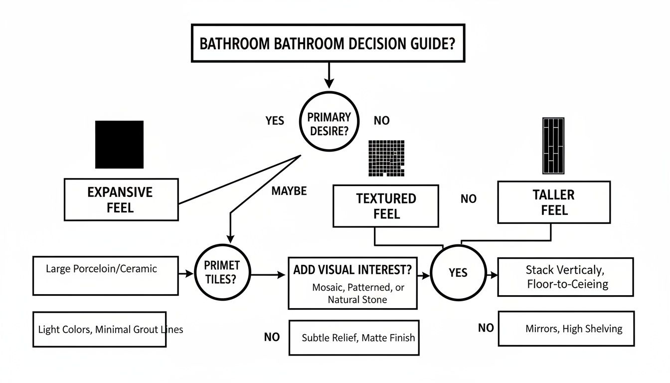 A bathroom tile decision guide flowchart showing options for expansive, textured, or taller feels.