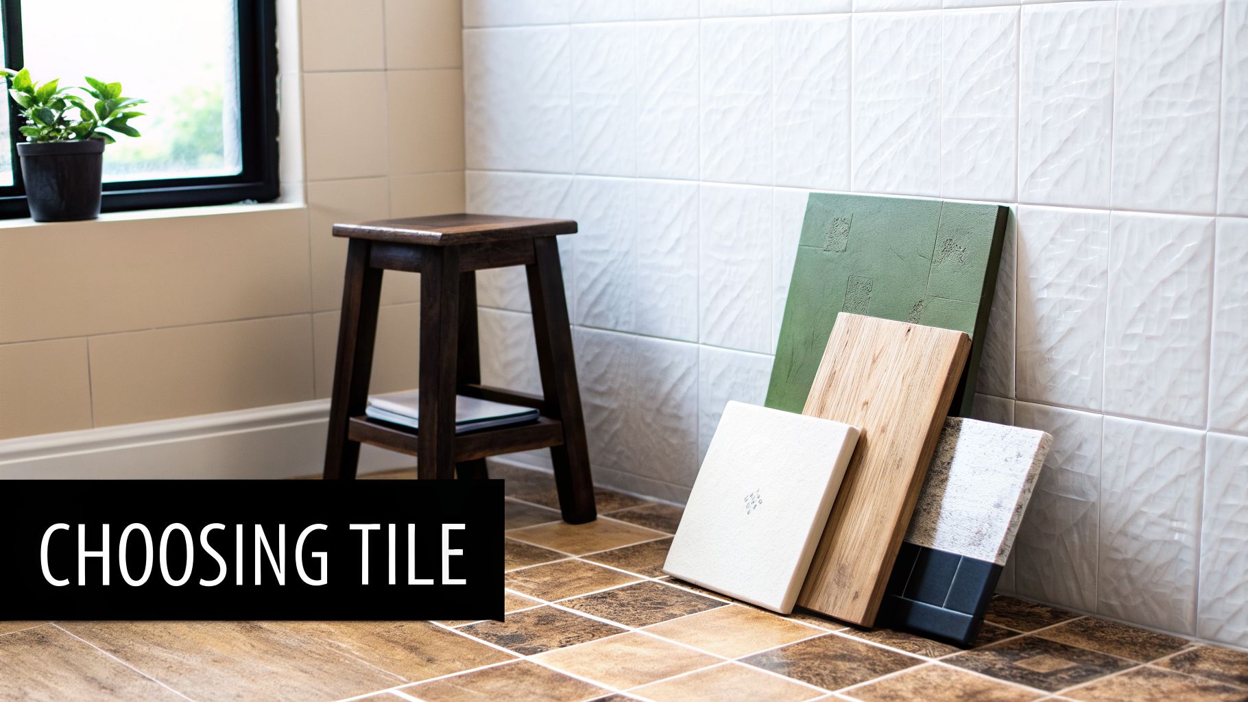 Various tile samples in different colors and textures displayed in a bathroom setting.