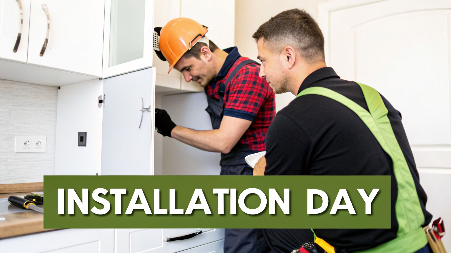 Two professional installers fitting white kitchen cabinets, one wearing a hard hat, during an installation day.