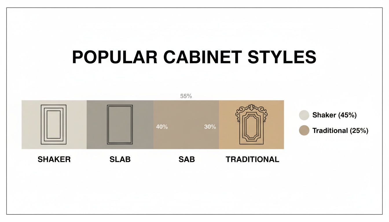 Infographic shows popular kitchen cabinet styles: Shaker (45%), Slab, Sab, and Traditional (25%).