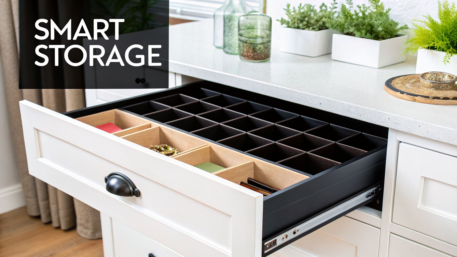 Open kitchen drawer showcasing black square compartments and wooden dividers for smart storage.