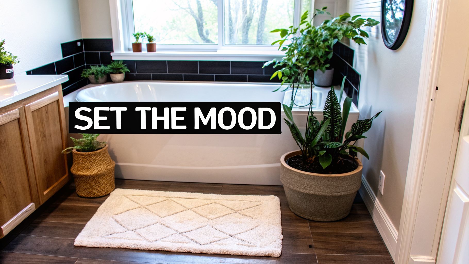 A cozy bathroom interior featuring a white bathtub, various green plants, and a light-colored bath mat, with text overlay 'SET THE MOOD'.