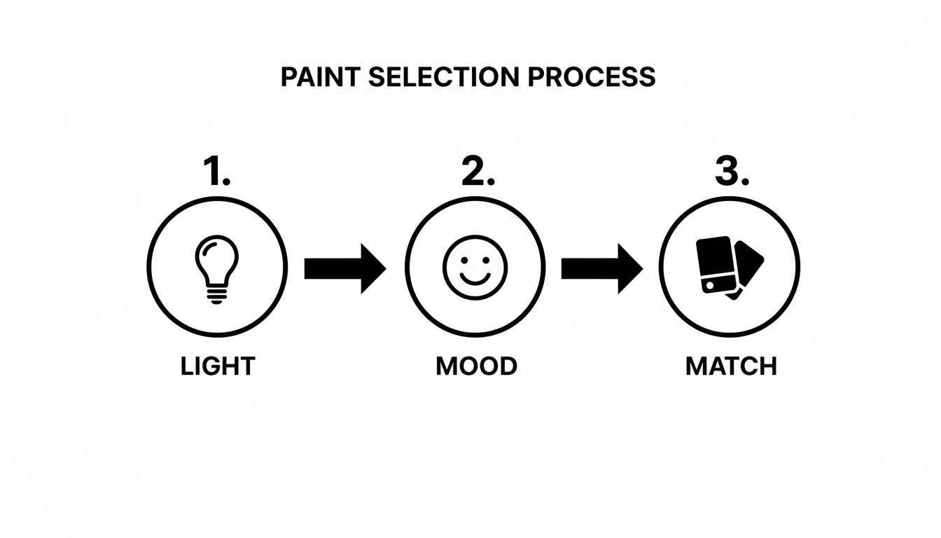 A flowchart illustrating the paint selection process: considering light, mood, and matching colors.