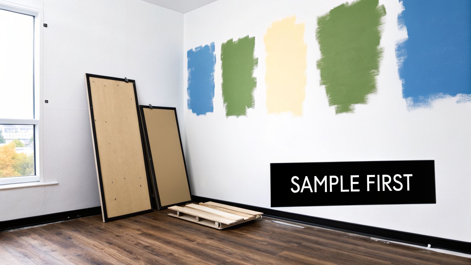Multiple paint swatches in blue, green, and yellow on a white wall with 'SAMPLE FIRST' text.