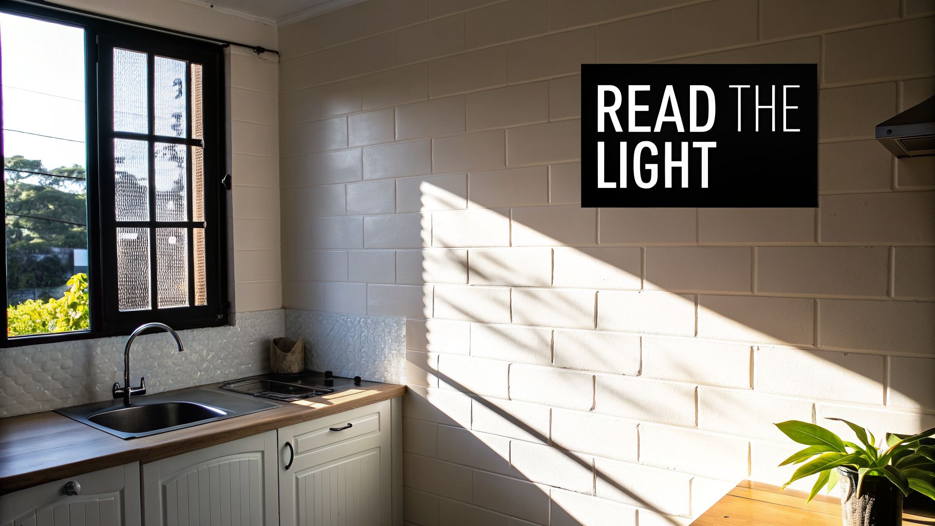 Bright sunlight streams into a kitchen, casting strong shadows from a window onto a white brick wall.