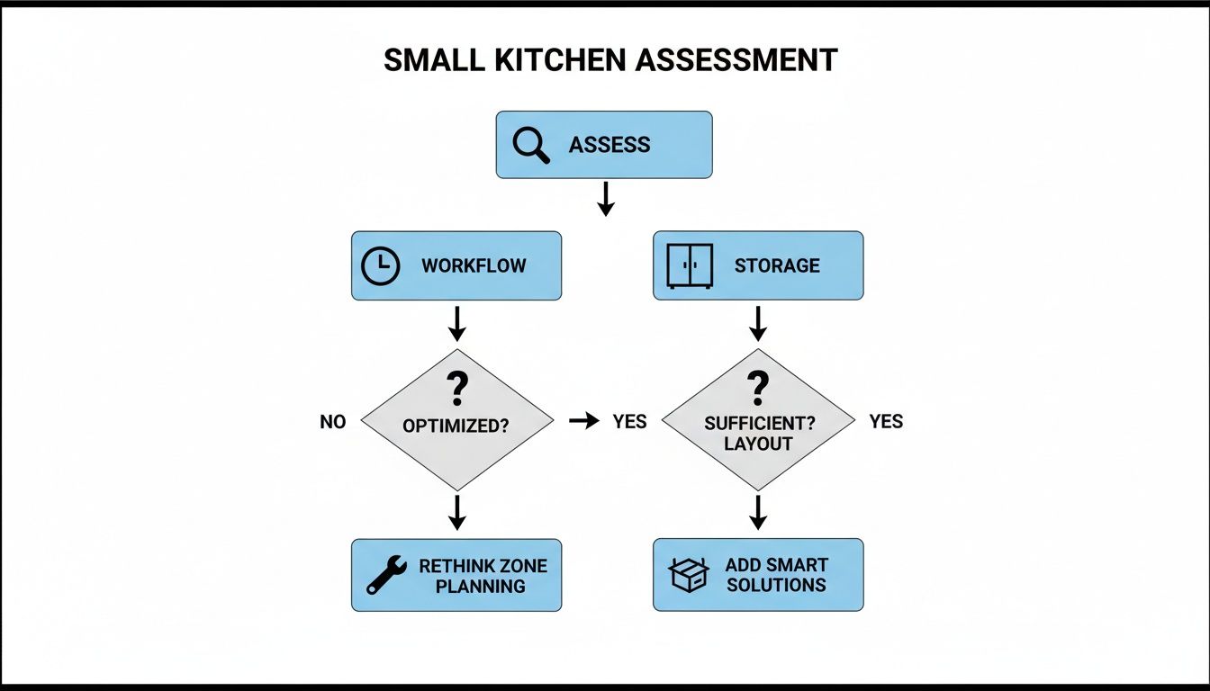 Small kitchen assessment flowchart guiding optimization of workflow, storage, and space planning solutions.