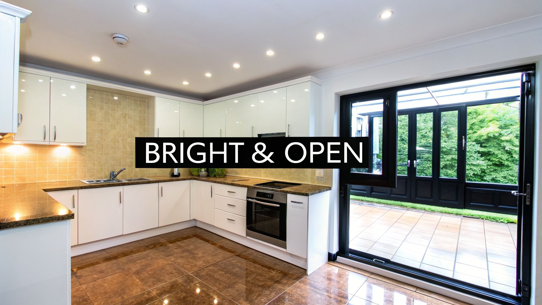 A bright, open modern kitchen with white cabinets, brown floor tiles, and a large glass door leading to an outdoor patio.