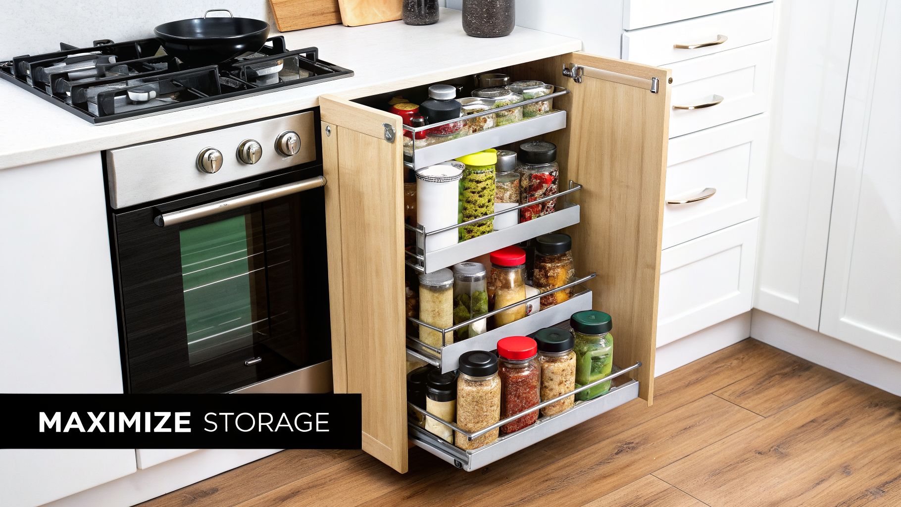 A modern kitchen with a pull-out spice rack cabinet next to an oven and stovetop.