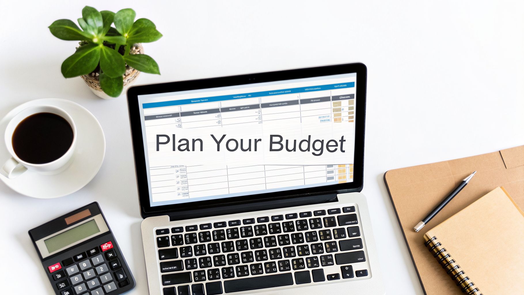 Overhead view of a white desk with a laptop displaying 'Plan Your Budget', coffee, calculator, and notebook.