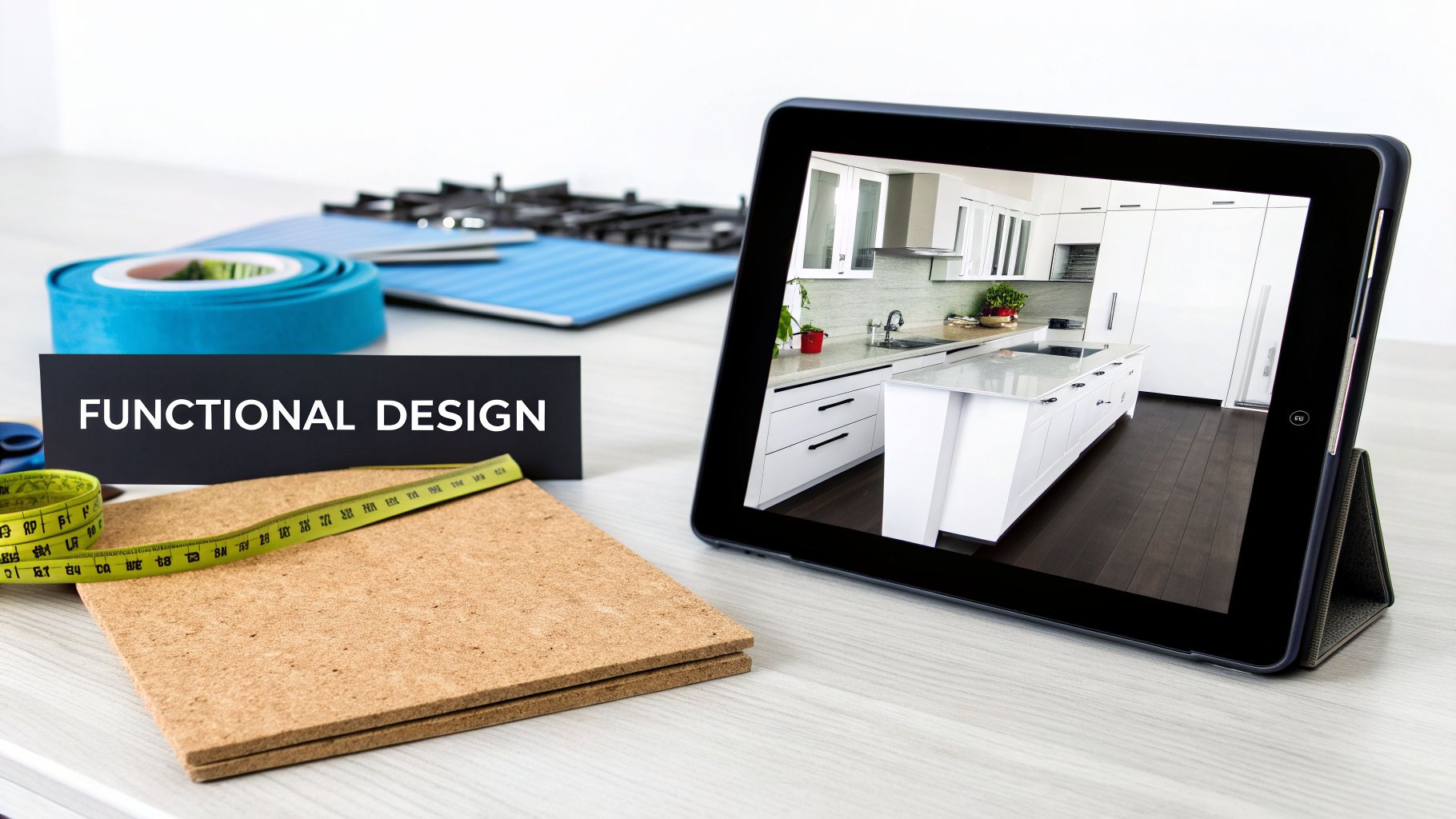 A tablet displays a modern white kitchen design next to a 'Functional Design' sign and measuring tape.