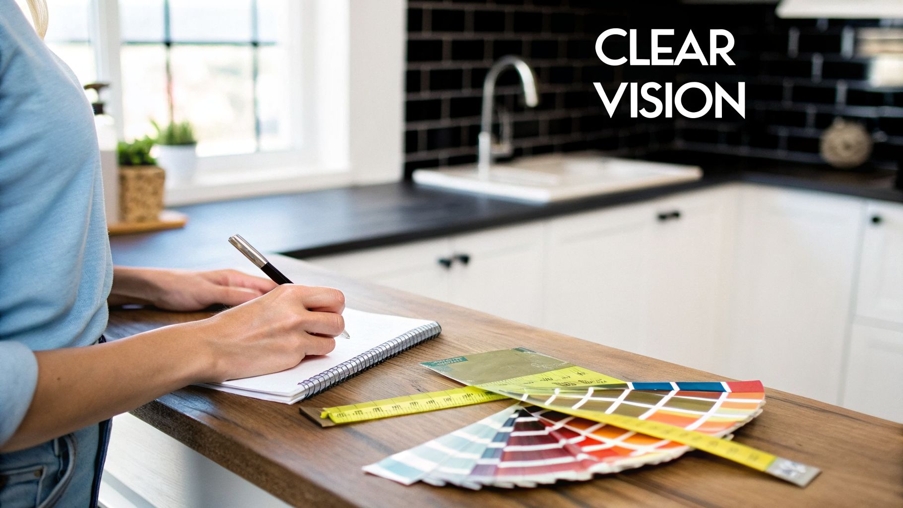 A person planning a kitchen remodel, taking notes with a color palette and tape measure on a wooden counter.