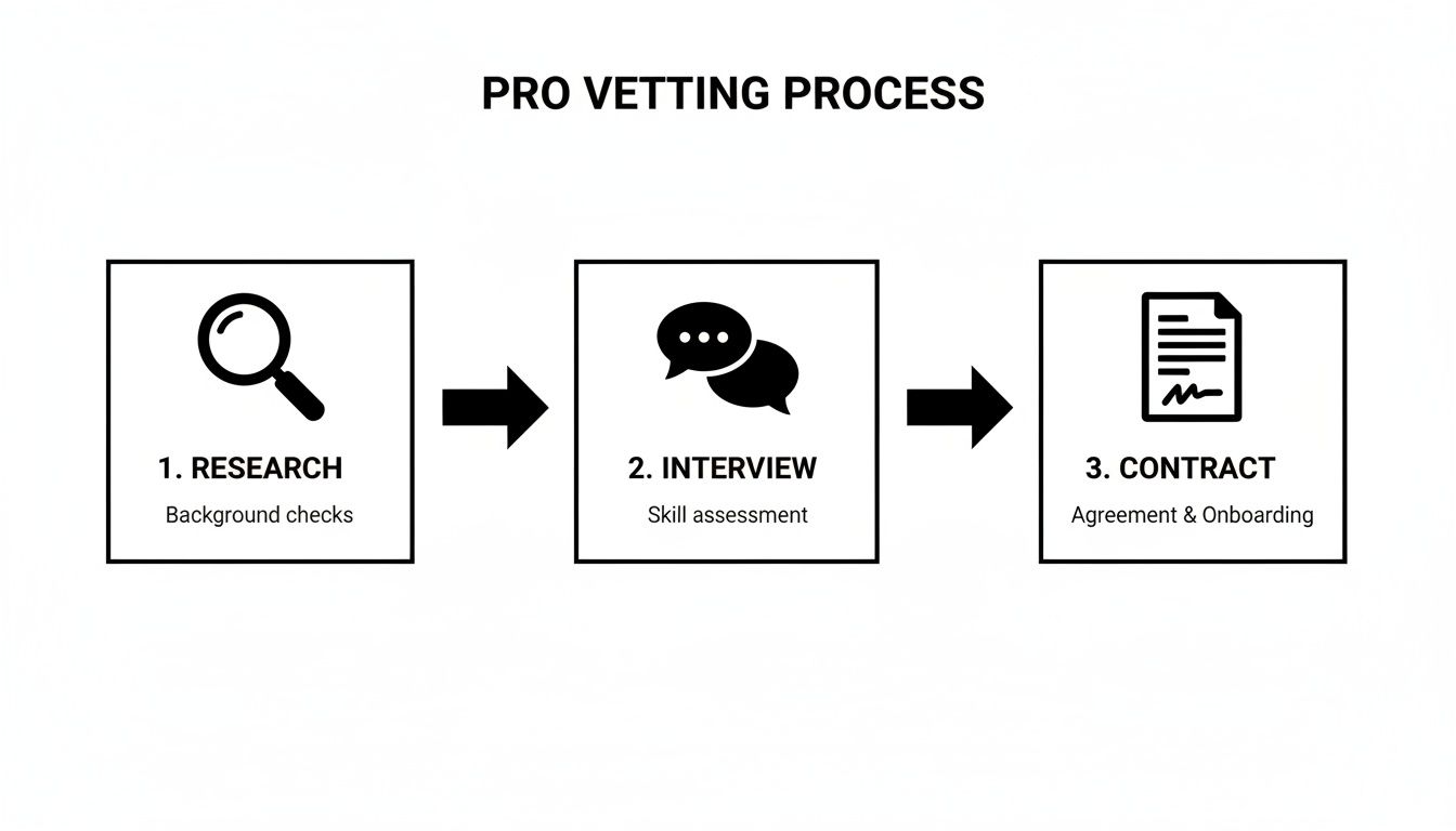 A three-step flowchart illustrating a professional vetting process: Research, Interview, and Contract.